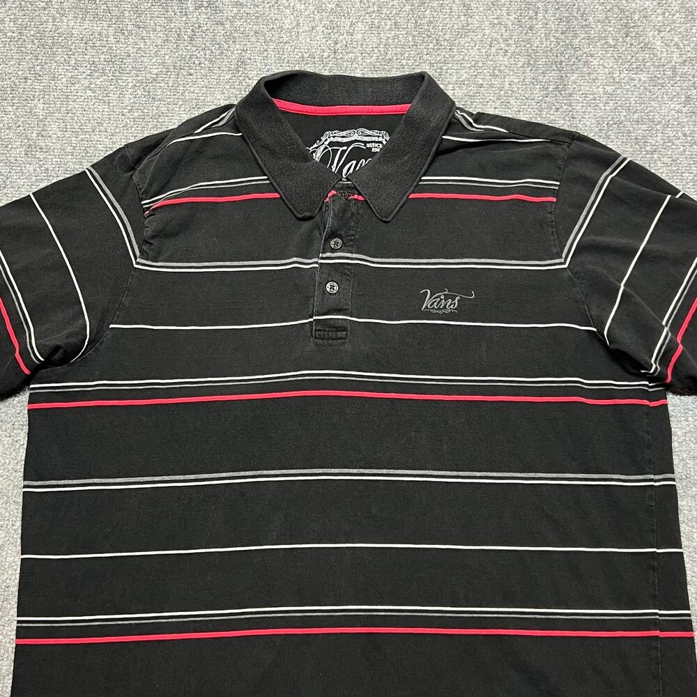 Vans Black Red White Striped Polo Shirt Skull Logo Men's Large Short Sleeve